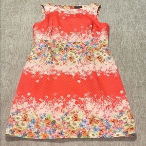 Sz 14 Tahari Arthur Levine Orange/Coral wildflowers sheath dress sleeveless